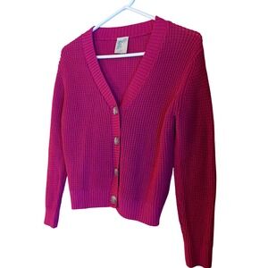 Theres Abouts Pink Knit Waffle Weave Button Front V Neck Cardigan Sweater L 14